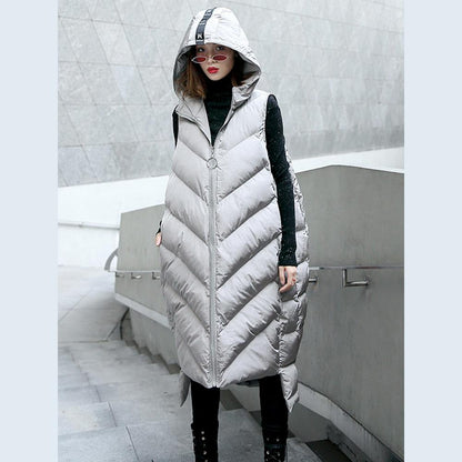 Gray Down Jacket Hooded Zippered Quilted Coat Sleeveless Outwear