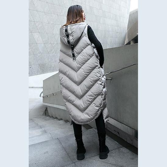 Gray Down Jacket Hooded Zippered Quilted Coat Sleeveless Outwear