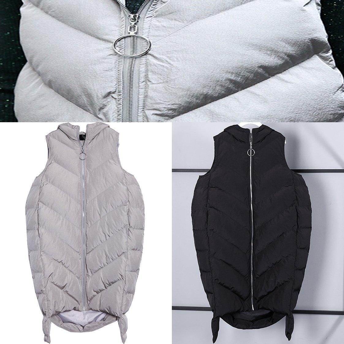 Gray Down Jacket Hooded Zippered Quilted Coat Sleeveless Outwear