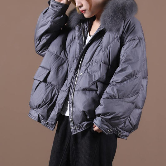 Gray Down Jacket Woman Loose Fitting Winter Fur Collar Zippered Hooded New Jackets