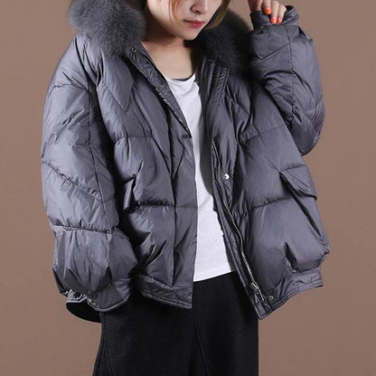 Gray Down Jacket Woman Loose Fitting Winter Fur Collar Zippered Hooded New Jackets