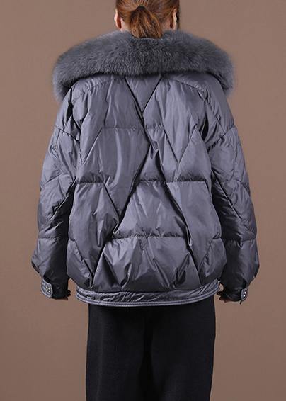 Gray Down Jacket Woman Loose Fitting Winter Fur Collar Zippered Hooded New Jackets