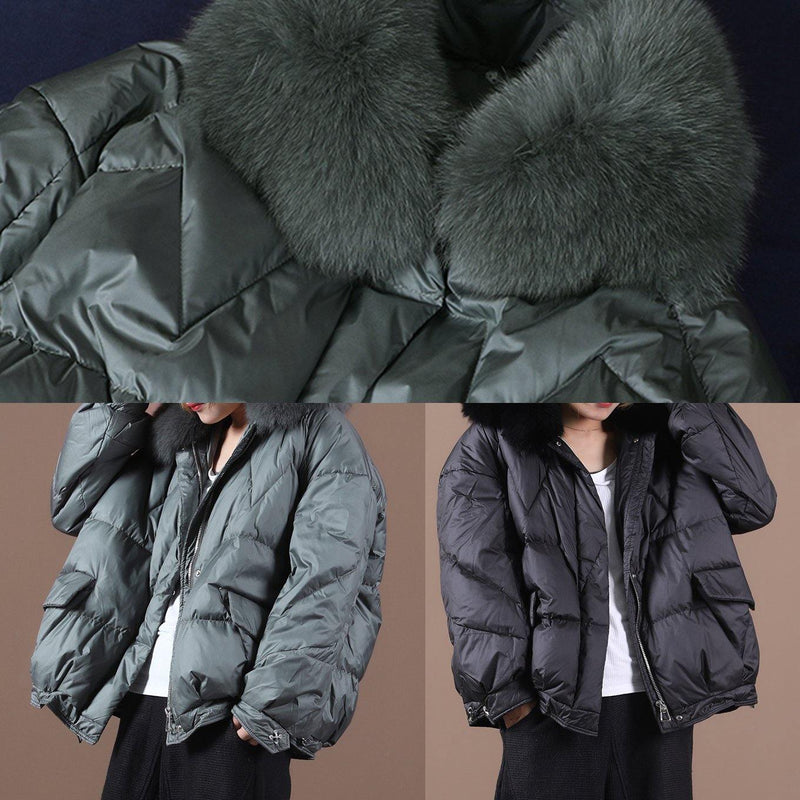 Gray Down Jacket Woman Loose Fitting Winter Fur Collar Zippered Hooded New Jackets