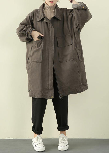 Gray Green Outfit Winter Jacket Lapel Zippered Overcoat