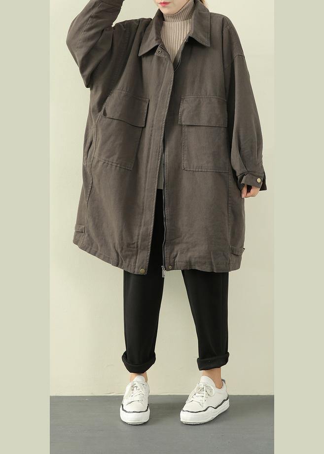 Gray Green Outfit Winter Jacket Lapel Zippered Overcoat