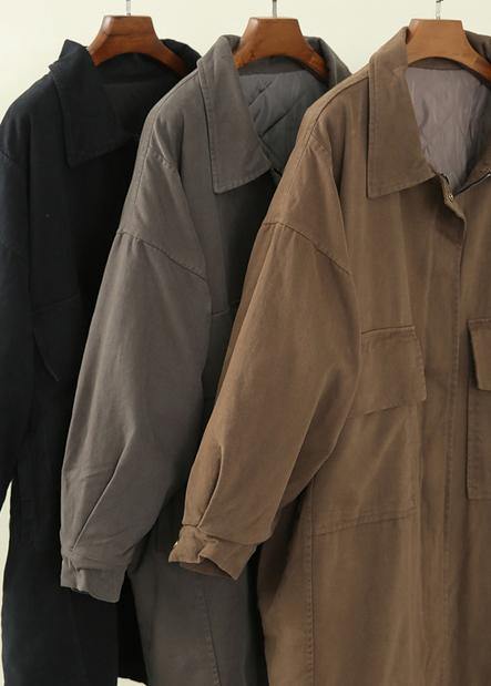 Gray Green Outfit Winter Jacket Lapel Zippered Overcoat