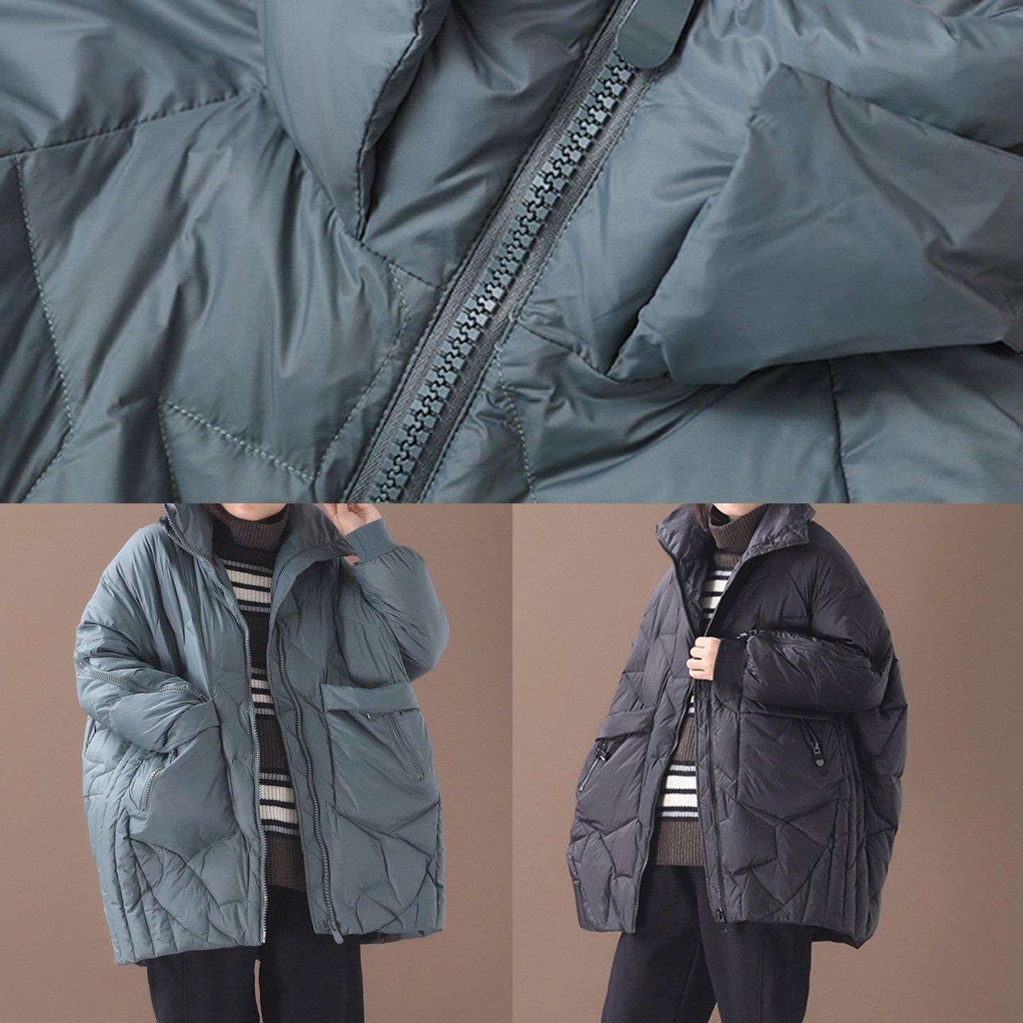 Green Duck Down Coat Clothing Stand Collar Down Jacket Zippered Overcoat