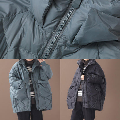 Green Duck Down Coat Clothing Stand Collar Down Jacket Zippered Overcoat