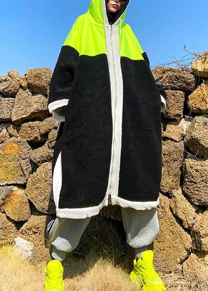 Green Fuzzy Wool Coat Hooded Patchwork Coat
