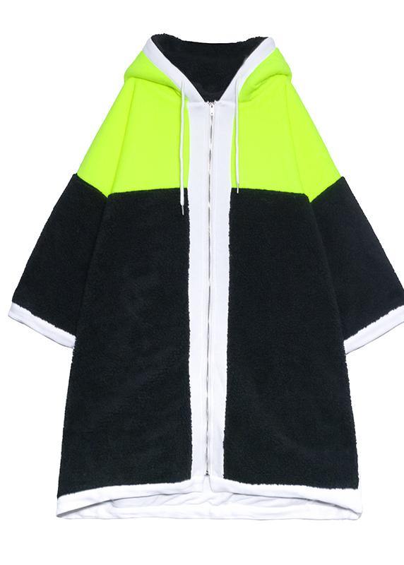 Green Fuzzy Wool Coat Hooded Patchwork Coat