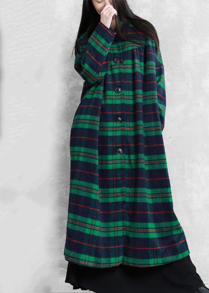 Green Plaid Wool Coat for Woman Coats Notched Pockets Coats