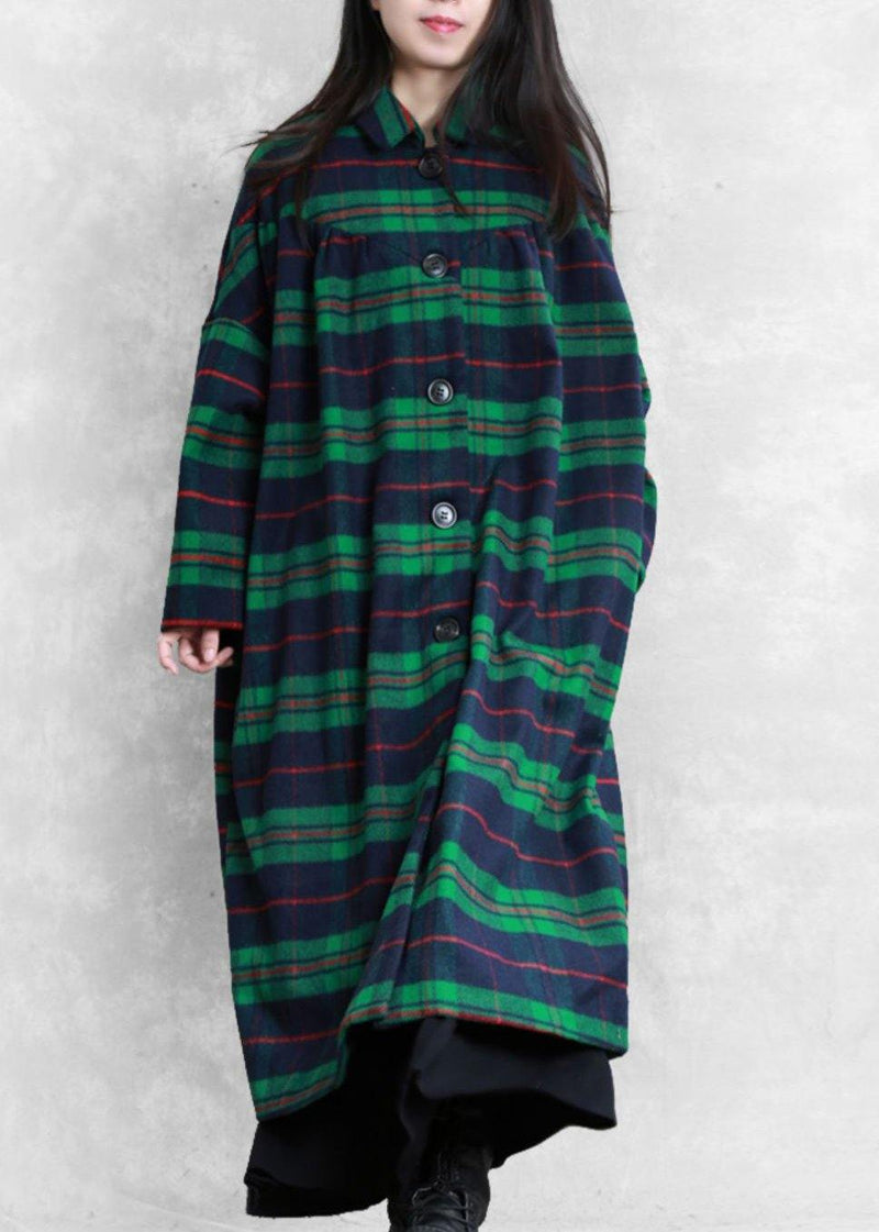 Green Plaid Wool Coat for Woman Coats Notched Pockets Coats