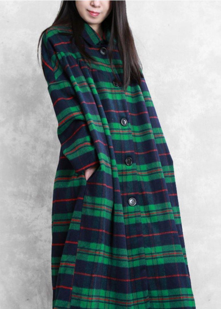 Green Plaid Wool Coat for Woman Coats Notched Pockets Coats
