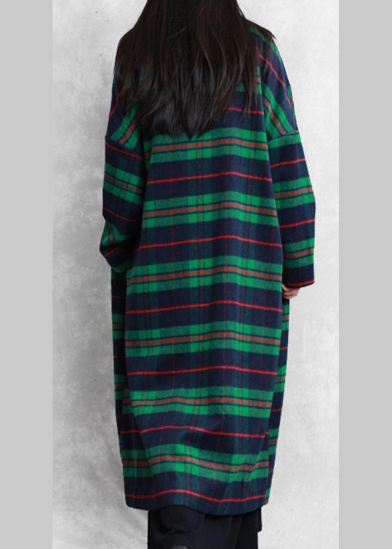 Green Plaid Wool Coat for Woman Coats Notched Pockets Coats