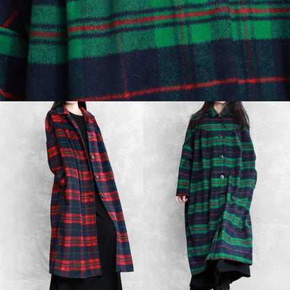 Green Plaid Wool Coat for Woman Coats Notched Pockets Coats