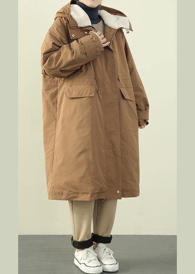 Khaki Outfit Clothing Down Jacket Hooded Zippered Winter Outwear