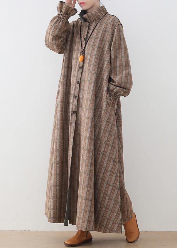 Khaki Plaid Jackets Mid-length Coats Stand Collar Button Down Coat
