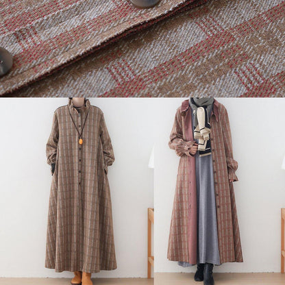 Khaki Plaid Jackets Mid-length Coats Stand Collar Button Down Coat