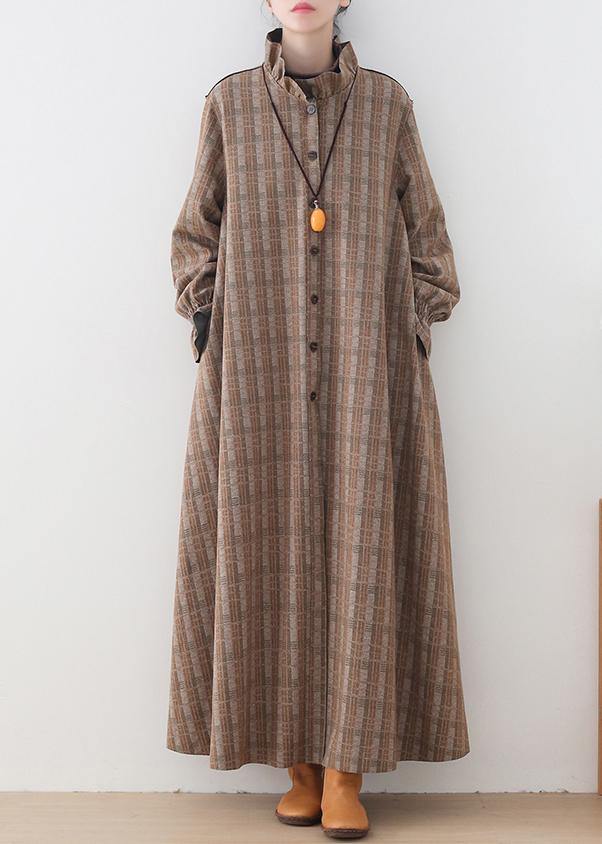 Khaki Plaid Woolen Coats Medium Length Jackets Pockets Button Downwinter Coat