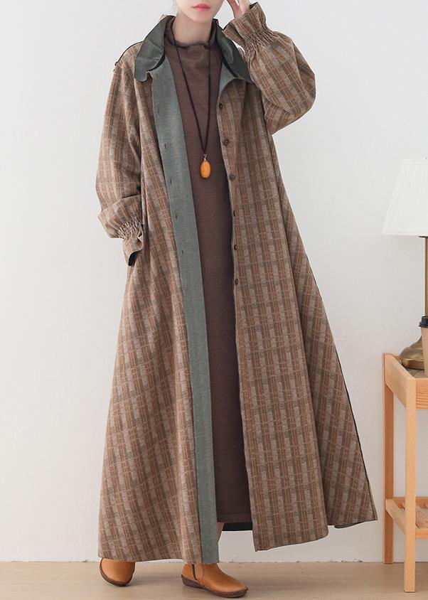 Khaki Plaid Woolen Coats Medium Length Jackets Pockets Button Downwinter Coat