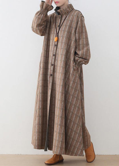 Khaki Plaid Woolen Coats Medium Length Jackets Pockets Button Downwinter Coat