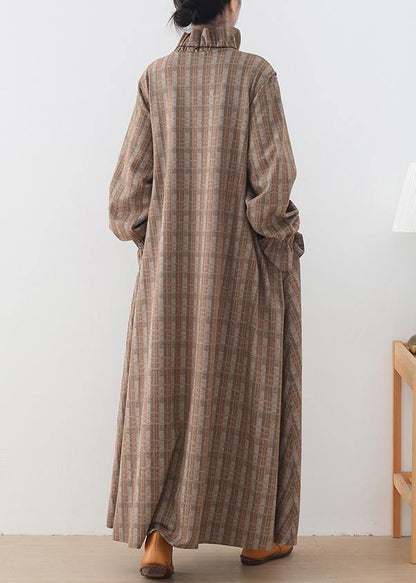Khaki Plaid Woolen Coats Medium Length Jackets Pockets Button Downwinter Coat