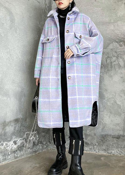 Light Blue Plaid Wool Coat Winter Lapel Asymmetric Coats