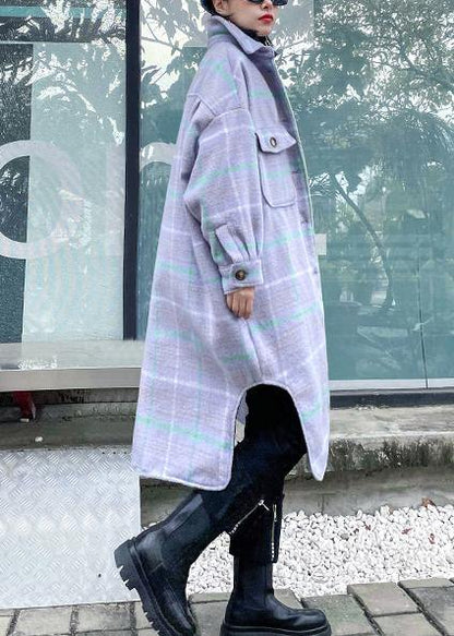Light Blue Plaid Wool Coat Winter Lapel Asymmetric Coats