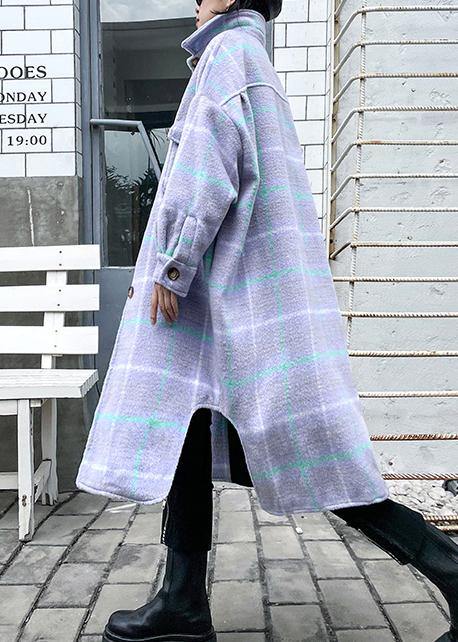 Light Blue Plaid Wool Coat Winter Lapel Asymmetric Coats