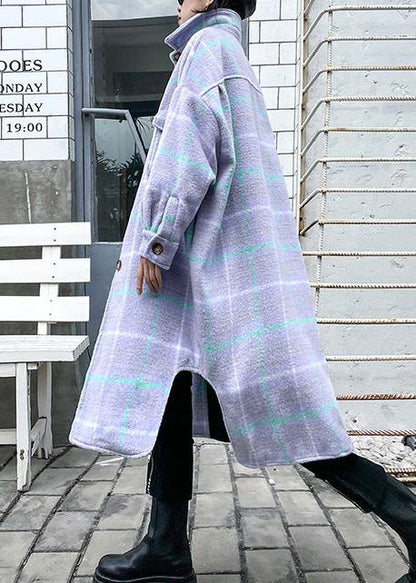 Light Blue Plaid Wool Coat Winter Lapel Asymmetric Coats