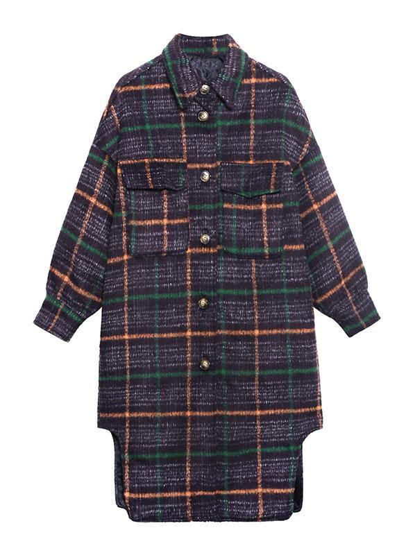 Light Blue Plaid Wool Coat Winter Lapel Asymmetric Coats