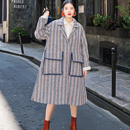 Navy Striped Maxi Coat Pockets Side Open Coats Boutique Notched Maxi Coat