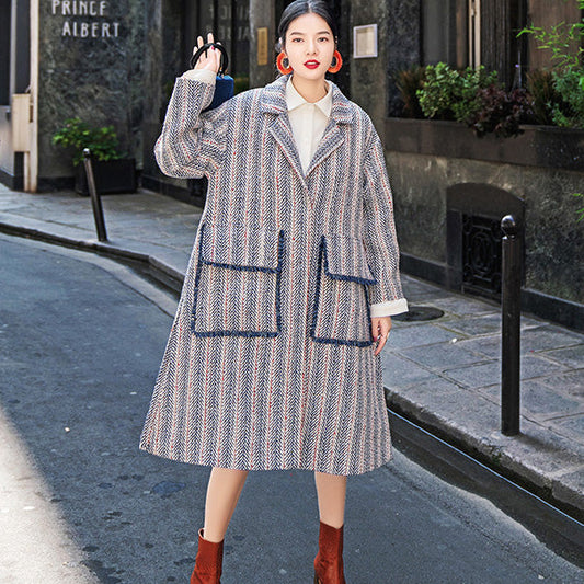 Navy Striped Maxi Coat Pockets Side Open Coats Boutique Notched Maxi Coat