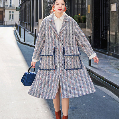 Navy Striped Maxi Coat Pockets Side Open Coats Boutique Notched Maxi Coat