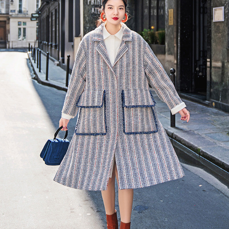 Navy Striped Maxi Coat Pockets Side Open Coats Boutique Notched Maxi Coat
