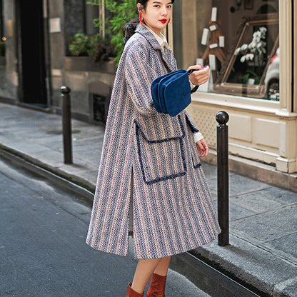 Navy Striped Maxi Coat Pockets Side Open Coats Boutique Notched Maxi Coat