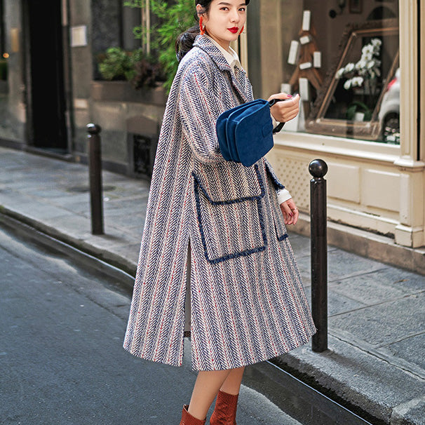 Navy Striped Maxi Coat Pockets Side Open Coats Boutique Notched Maxi Coat