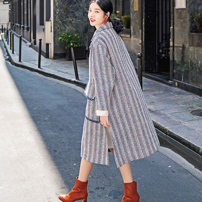 Navy Striped Maxi Coat Pockets Side Open Coats Boutique Notched Maxi Coat