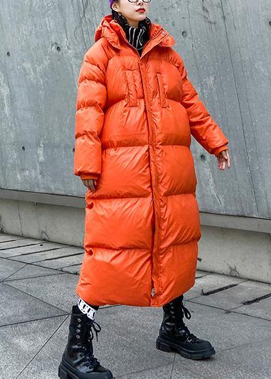 Orange Outwear Oversized Down Jacket Hooded Zippered Overcoat