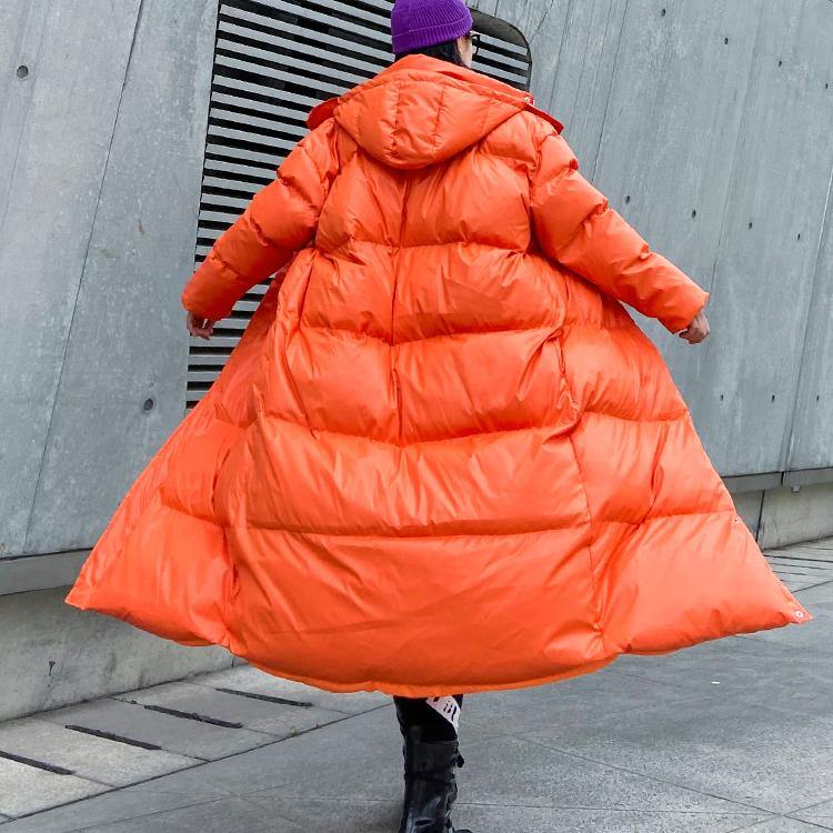 Orange Outwear Oversized Down Jacket Hooded Zippered Overcoat