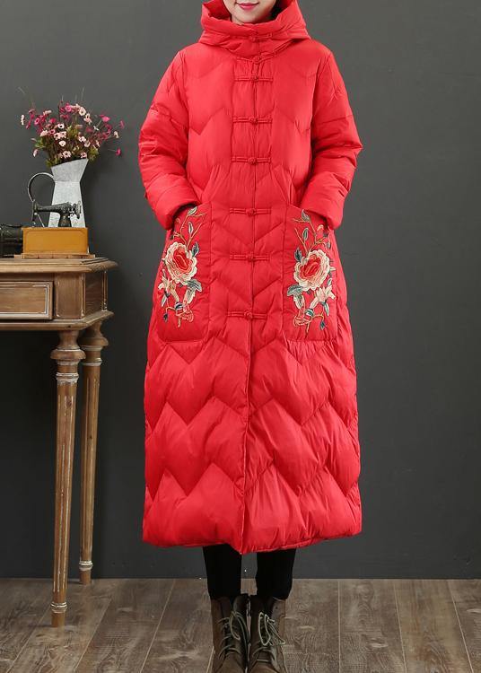 Oversize Down Jacket Coats Red Embroidery Hooded Warm Winter Coat