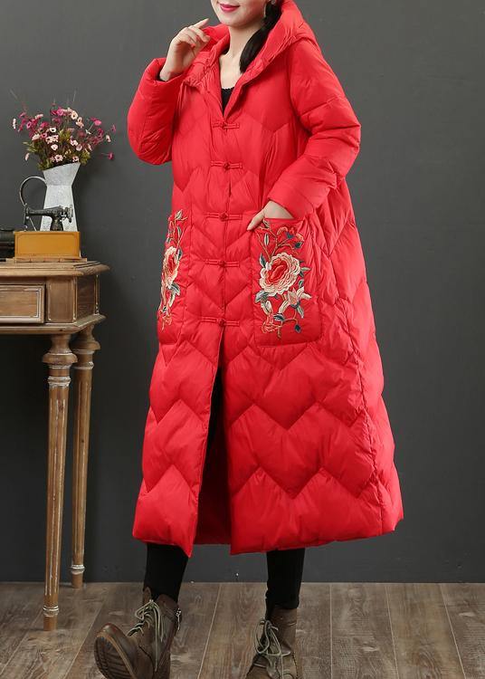 Oversize Down Jacket Coats Red Embroidery Hooded Warm Winter Coat