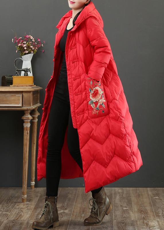 Oversize Down Jacket Coats Red Embroidery Hooded Warm Winter Coat