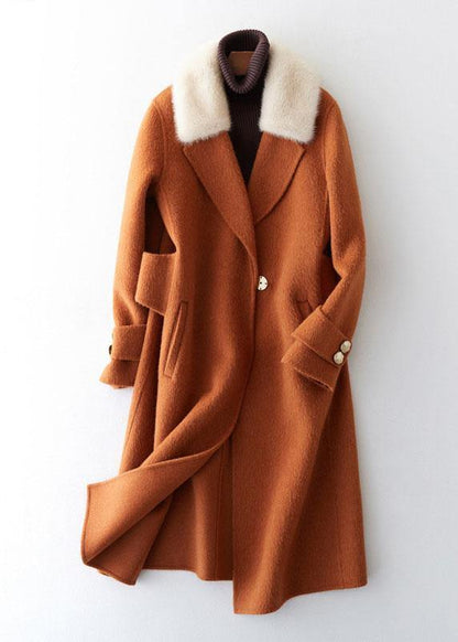 Oversize Trench Coat Fur Collar Brown Notched Woolen Overcoat