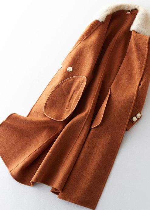 Oversize Trench Coat Fur Collar Brown Notched Woolen Overcoat