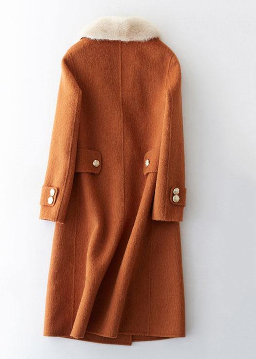 Oversize Trench Coat Fur Collar Brown Notched Woolen Overcoat
