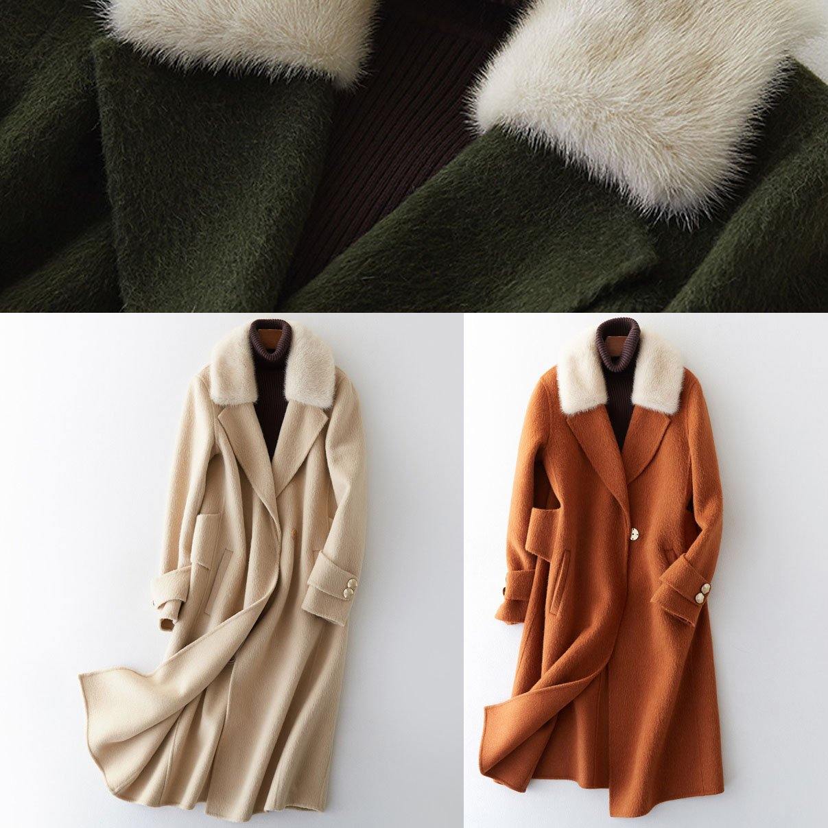 Oversize Trench Coat Fur Collar Brown Notched Woolen Overcoat