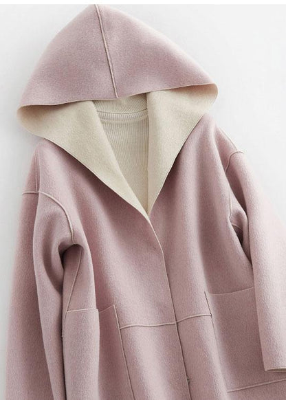 Oversize Winter Coat Hooded Woolen Outwear Pink Pockets Wool Coat