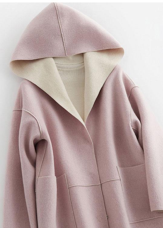 Oversize Winter Coat Hooded Woolen Outwear Pink Pockets Wool Coat