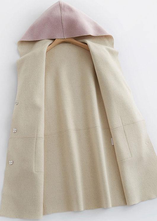 Oversize Winter Coat Hooded Woolen Outwear Pink Pockets Wool Coat